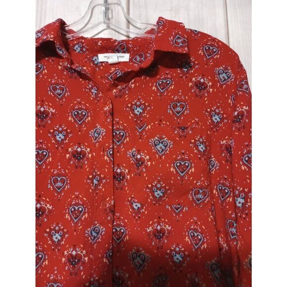 BeachLunchLounge Shirt Ladies Large Red Button Front Long Sleeve Heart - Picture 3 of 8
